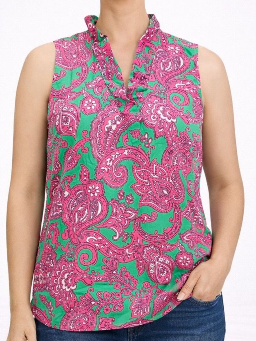 NEW Crown Ivy Curvy Ruffle Neck Top Sleeveless Garden Party Paisley Plus Size 1X